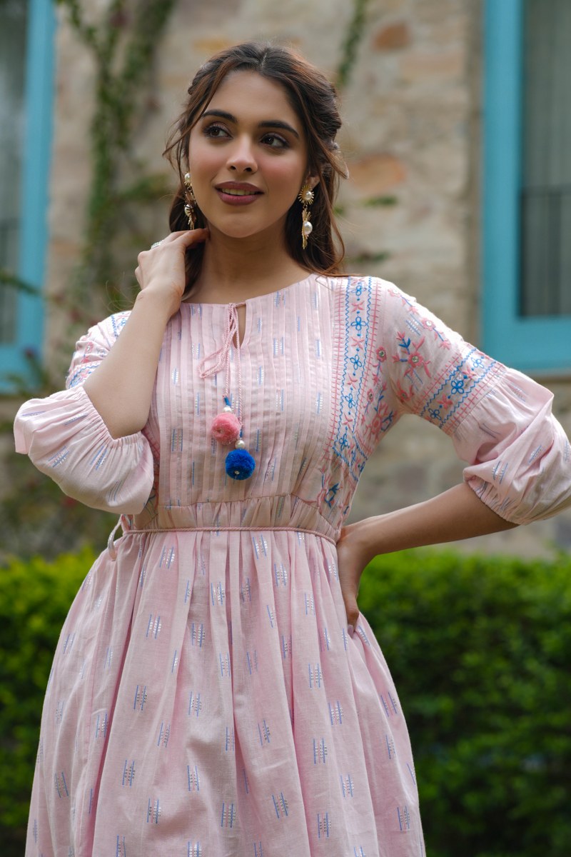 Baby Pink Cotton Embroidered Short Dress