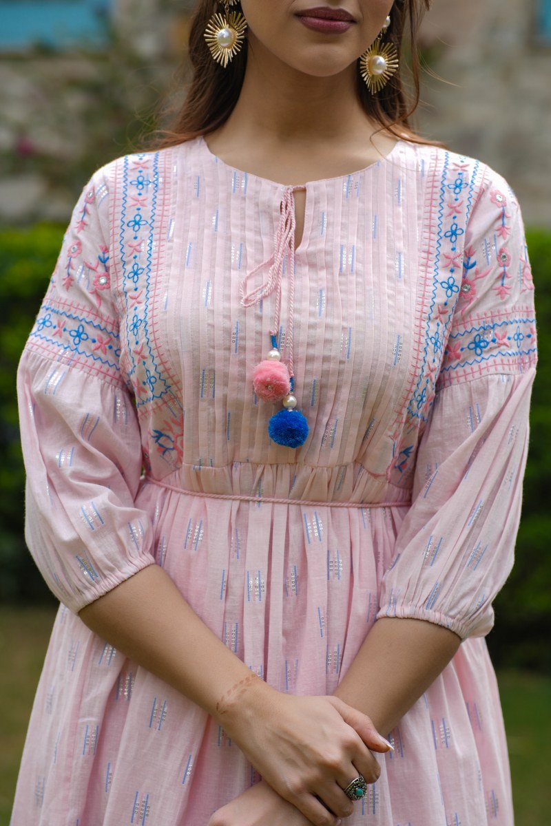 Baby Pink Cotton Embroidered Short Dress
