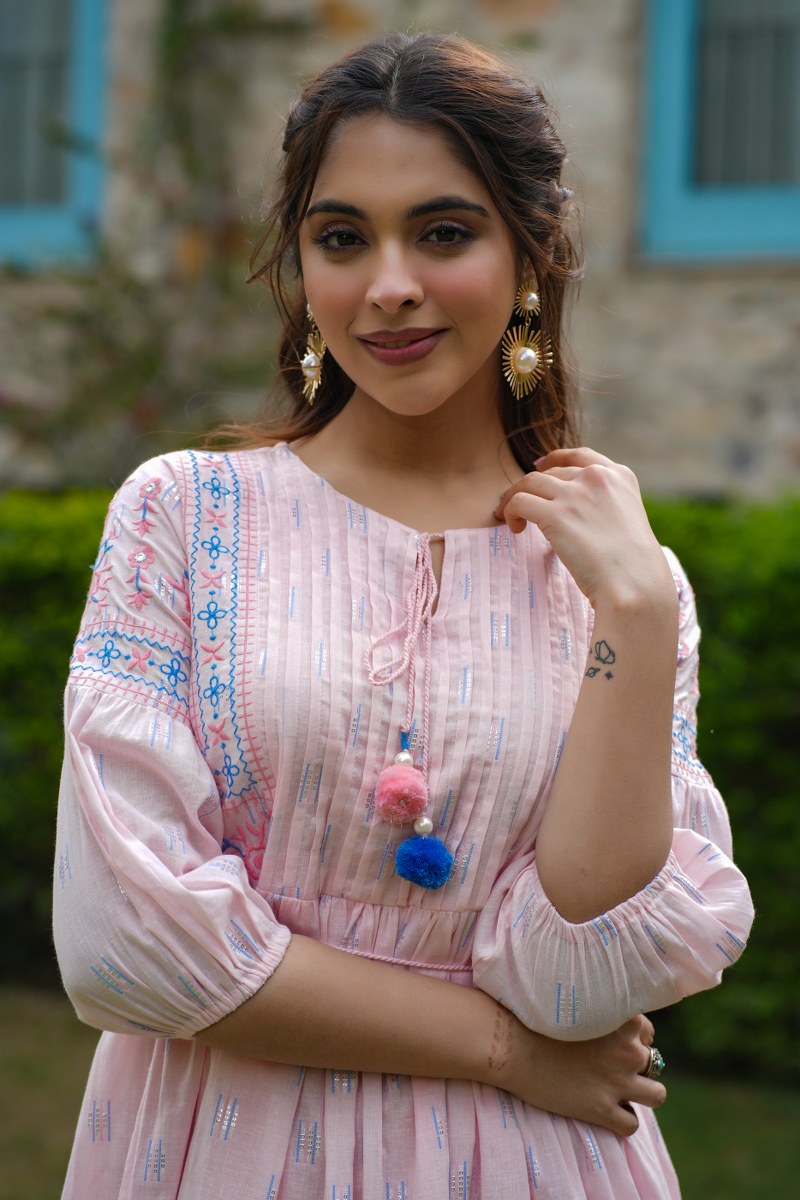 Baby Pink Cotton Embroidered Short Dress