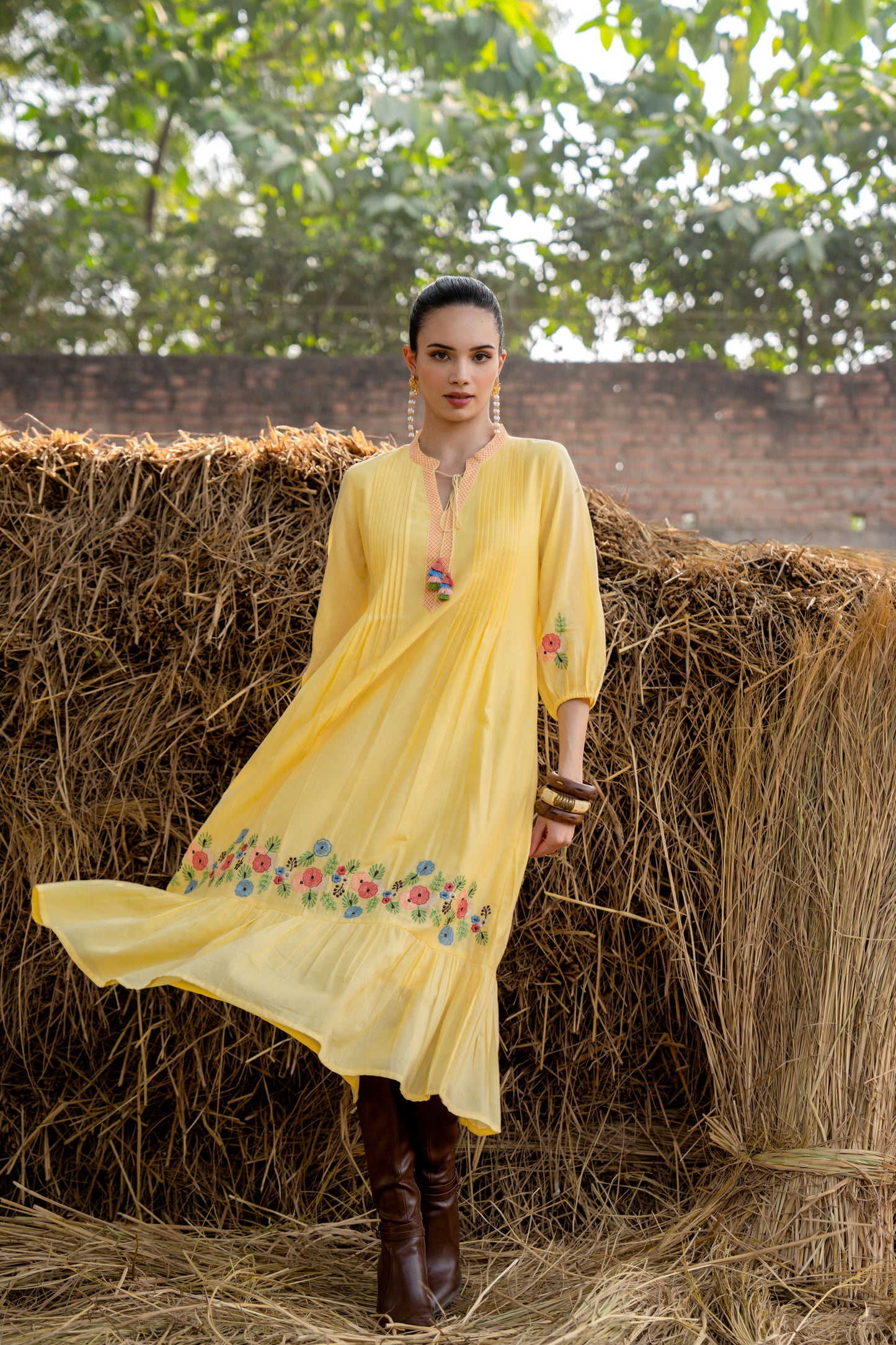 Sunshine Bloom Yellow Embroidered Midi Dress