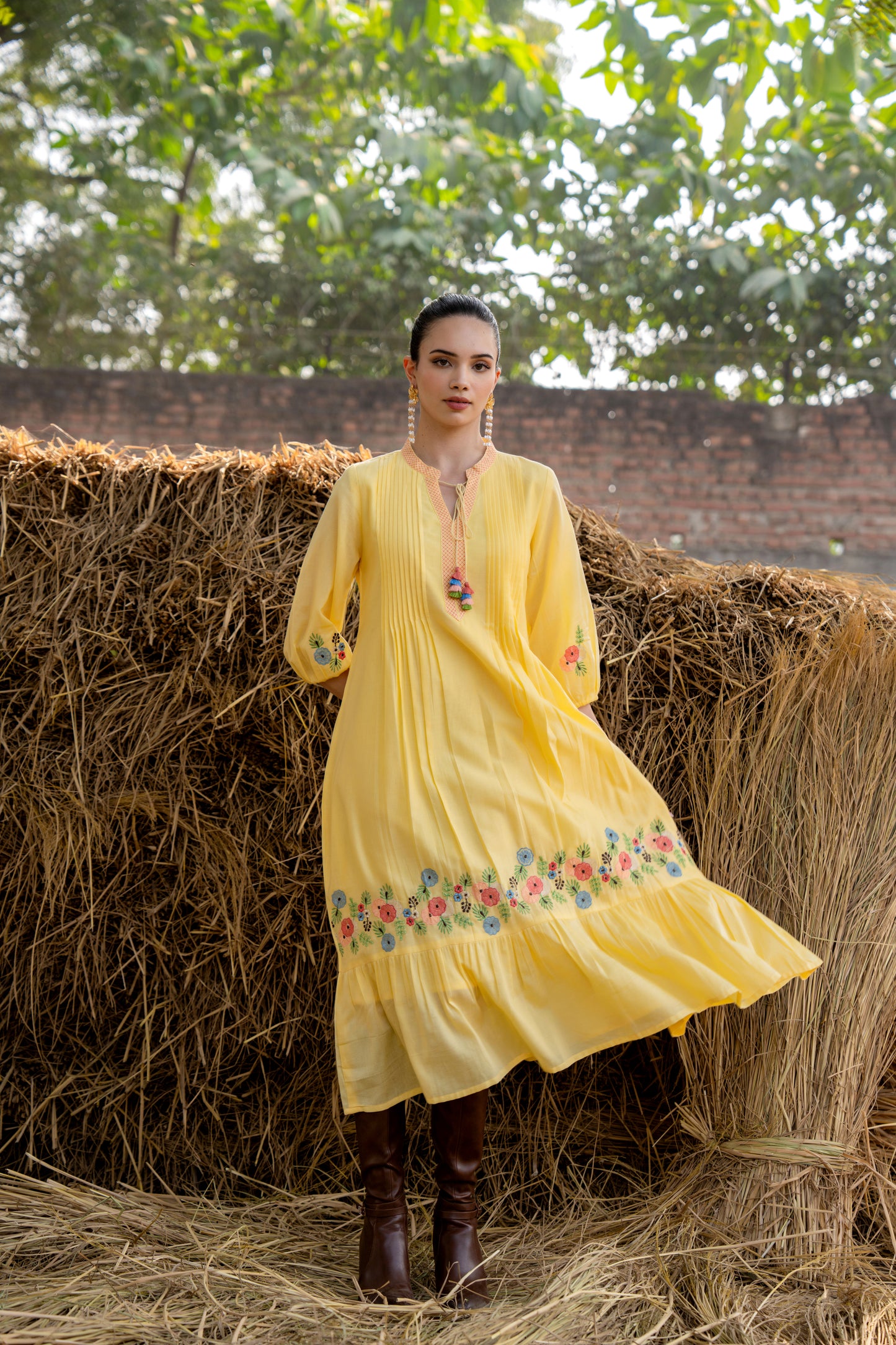 Sunshine Bloom Yellow Embroidered Midi Dress