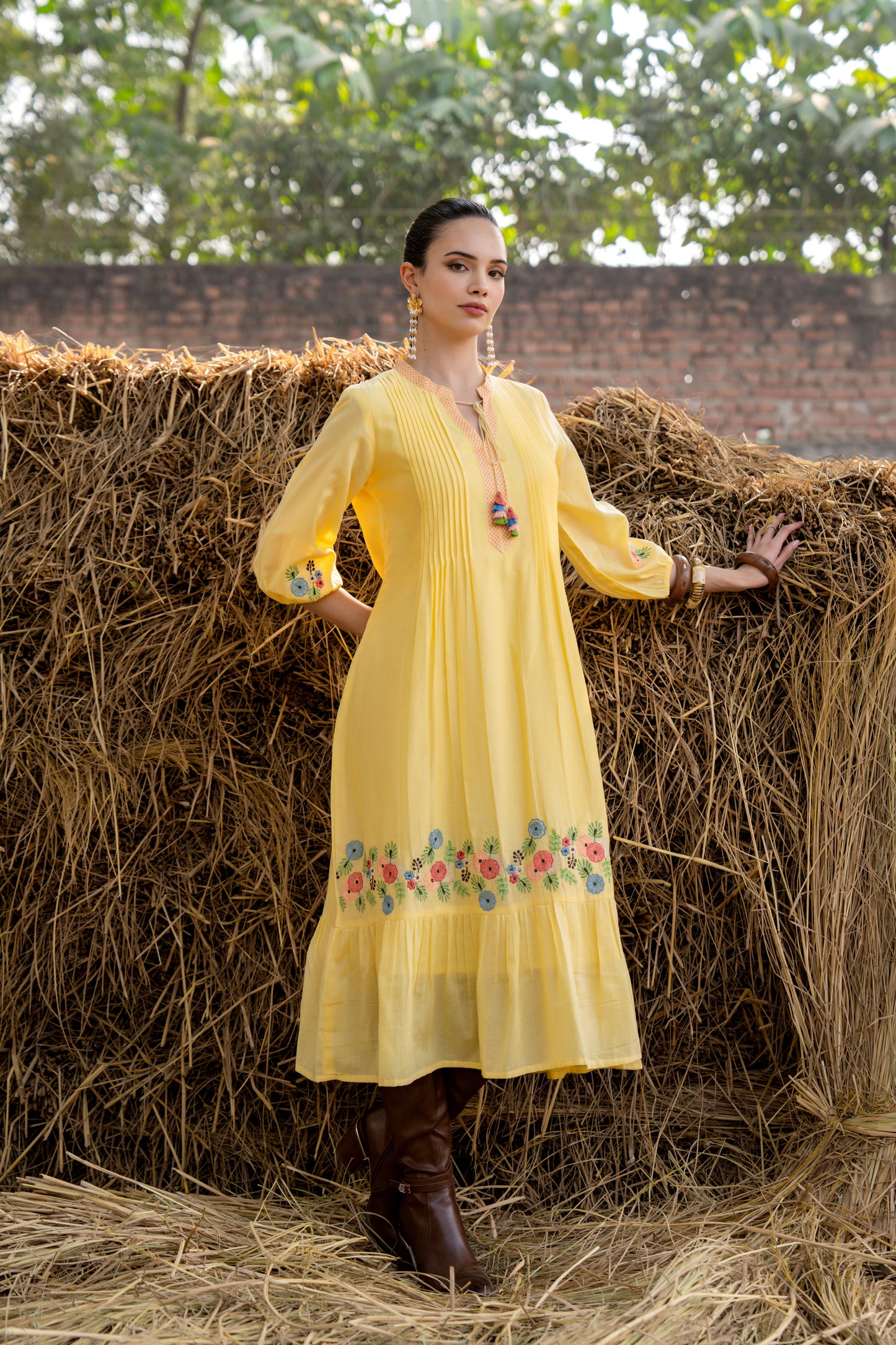Sunshine Bloom Yellow Embroidered Midi Dress