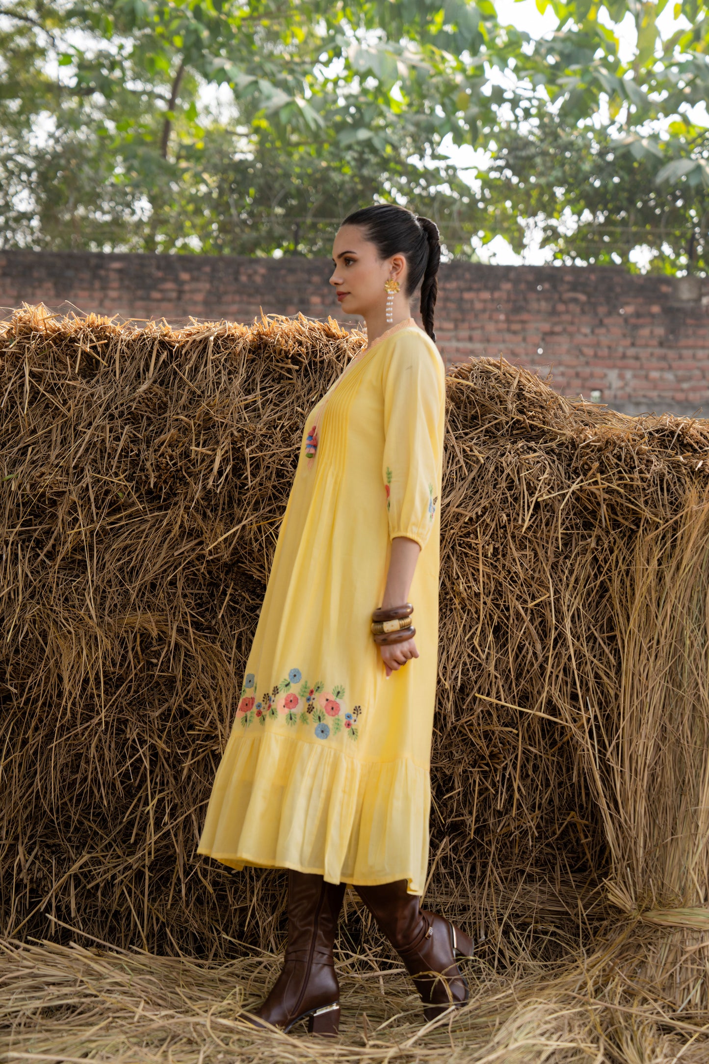 Sunshine Bloom Yellow Embroidered Midi Dress