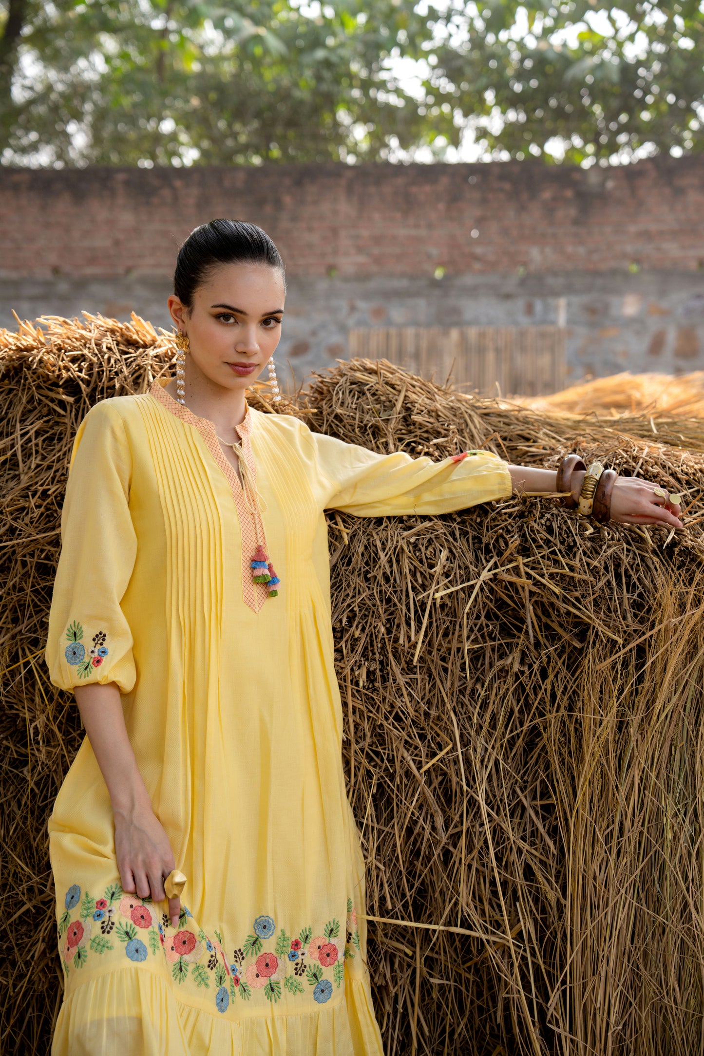 Sunshine Bloom Yellow Embroidered Midi Dress