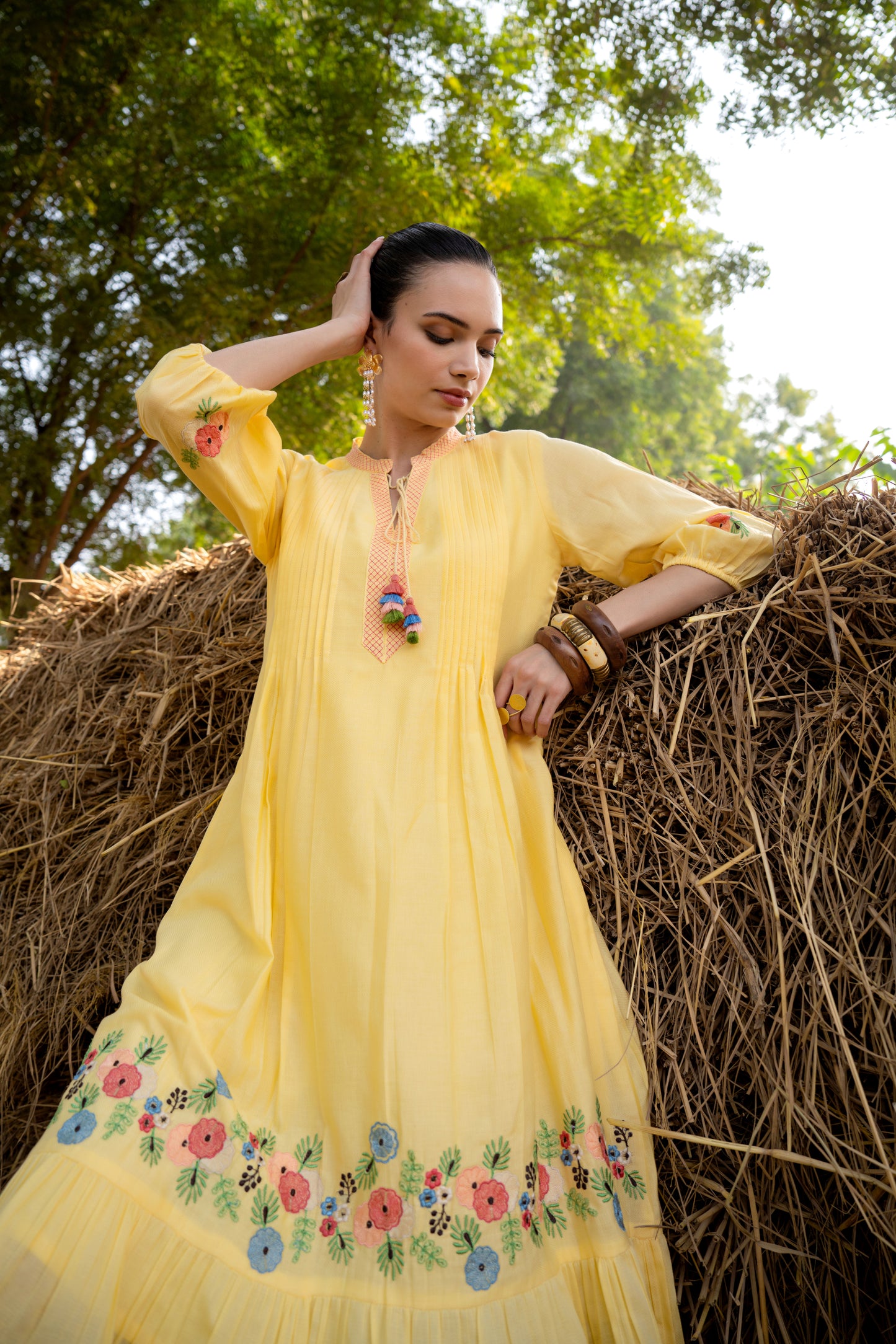 Sunshine Bloom Yellow Embroidered Midi Dress
