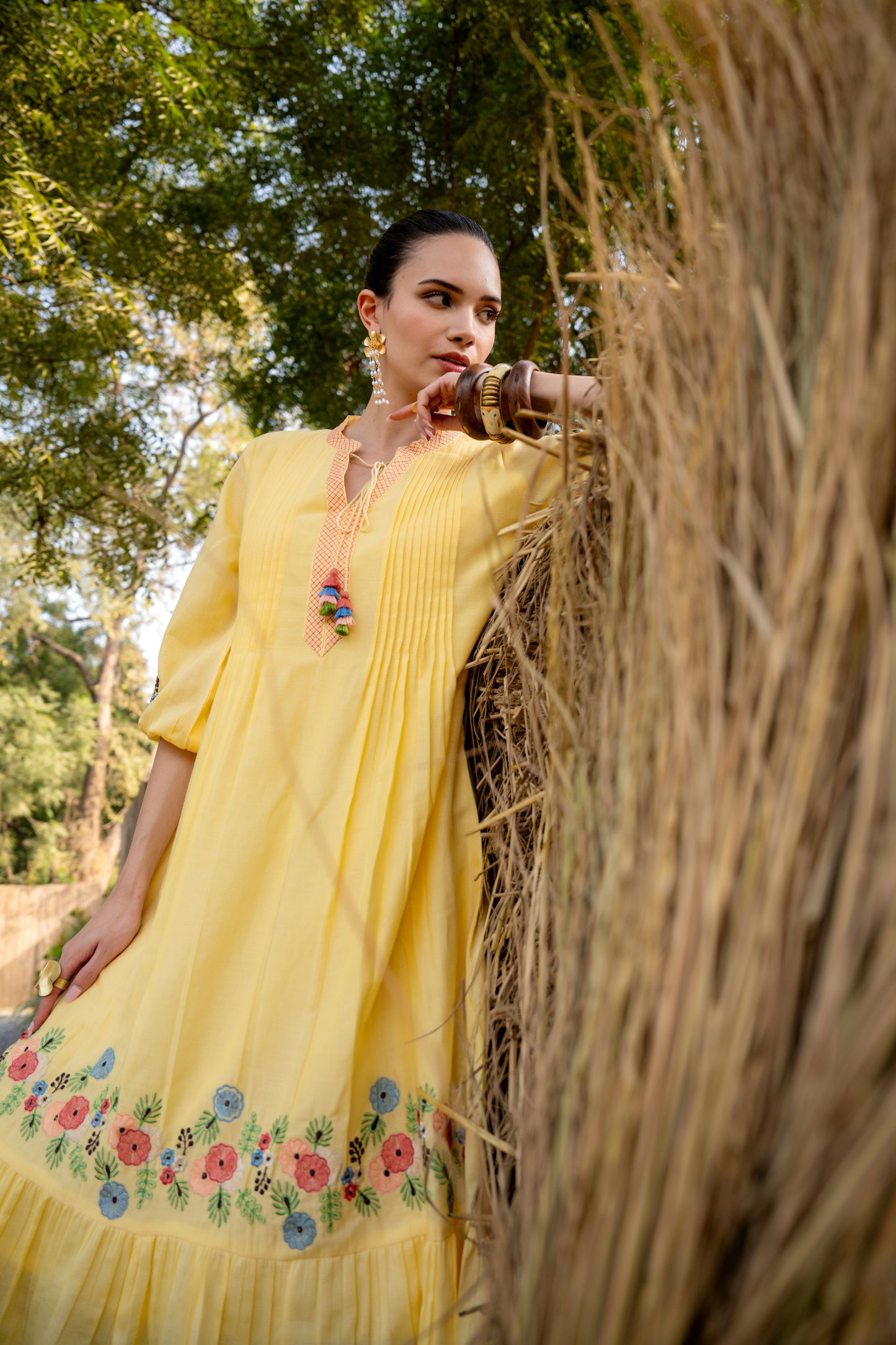 Sunshine Bloom Yellow Embroidered Midi Dress