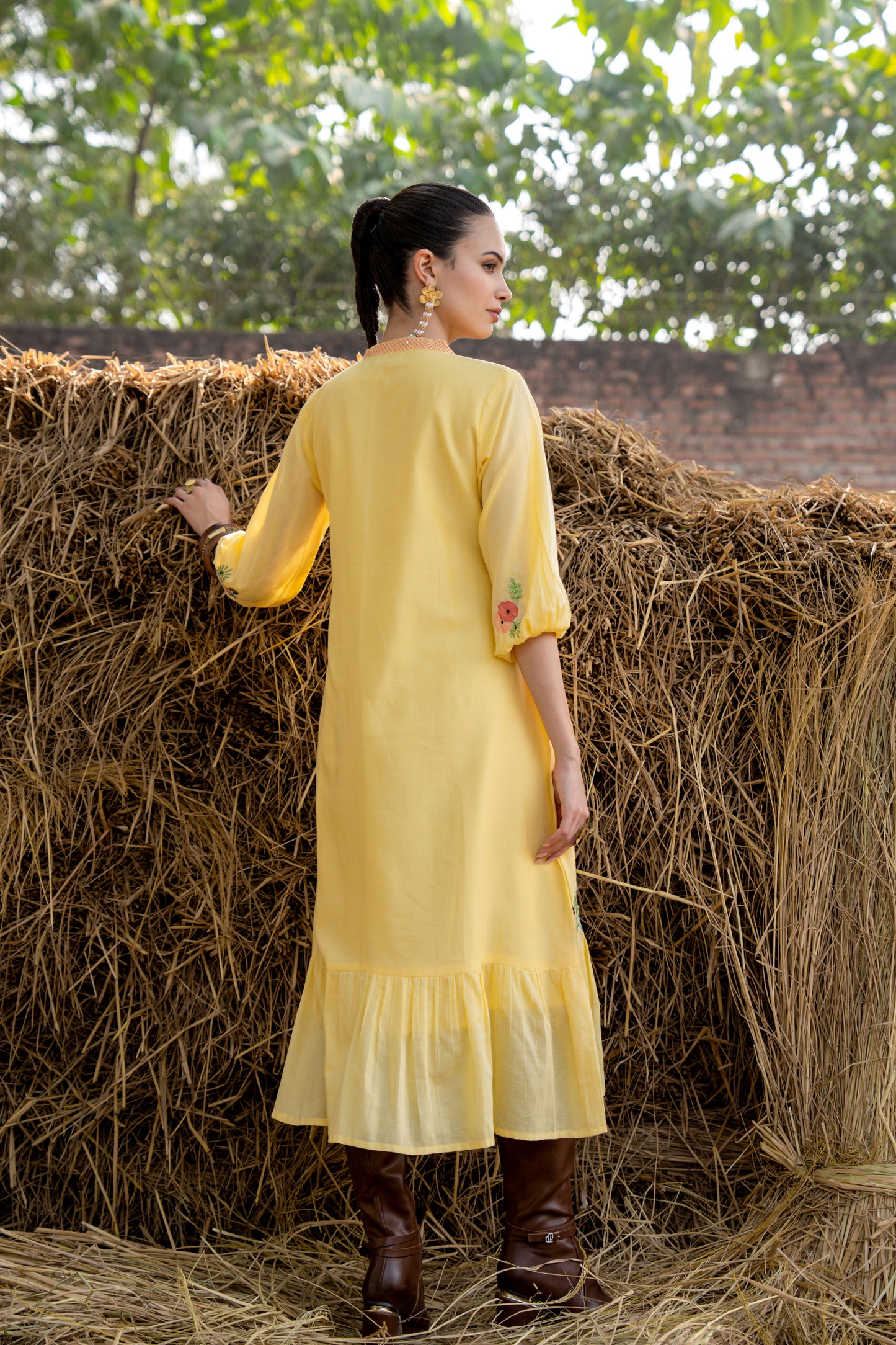 Sunshine Bloom Yellow Embroidered Midi Dress