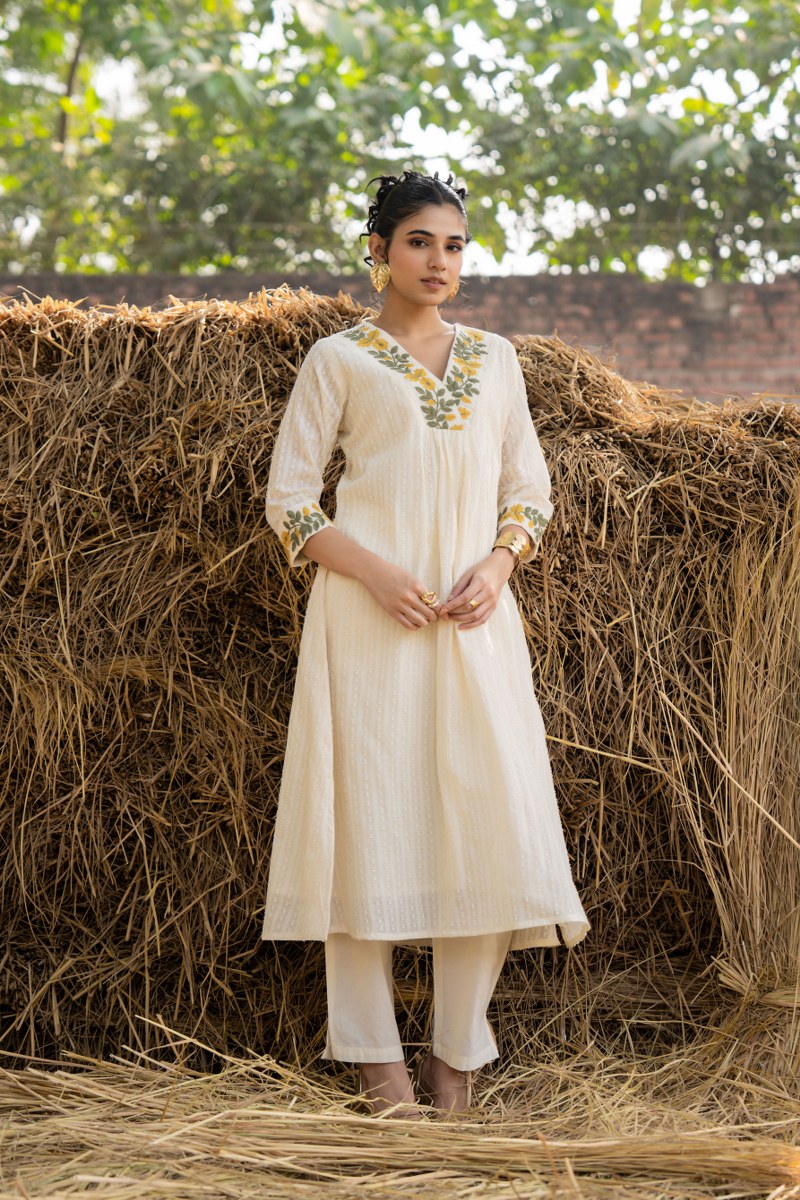 White Cotton Dobby Embroidery Kurta Pant Set