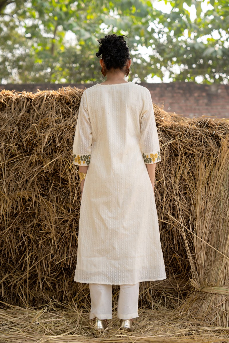 White Cotton Dobby Embroidery Kurta Pant Set