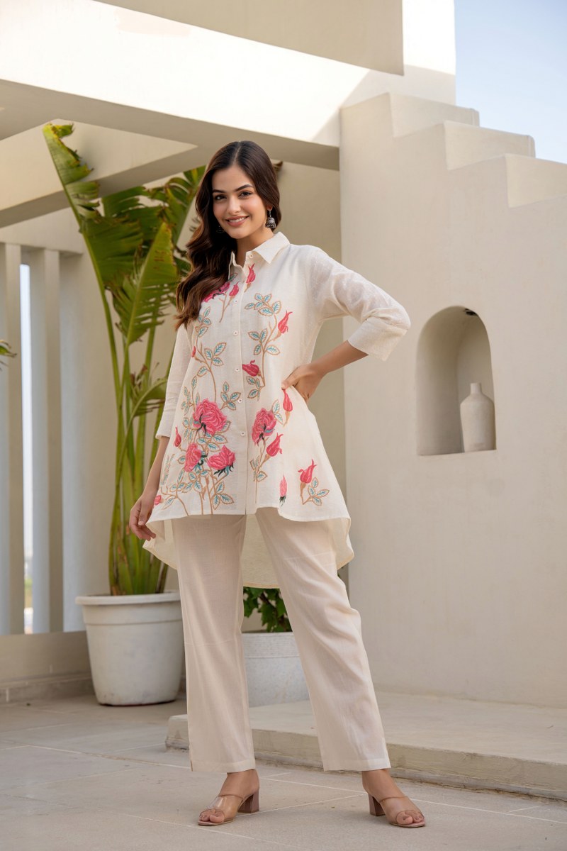 White Pink Rose Cotton Embroidered Co-Ord Set