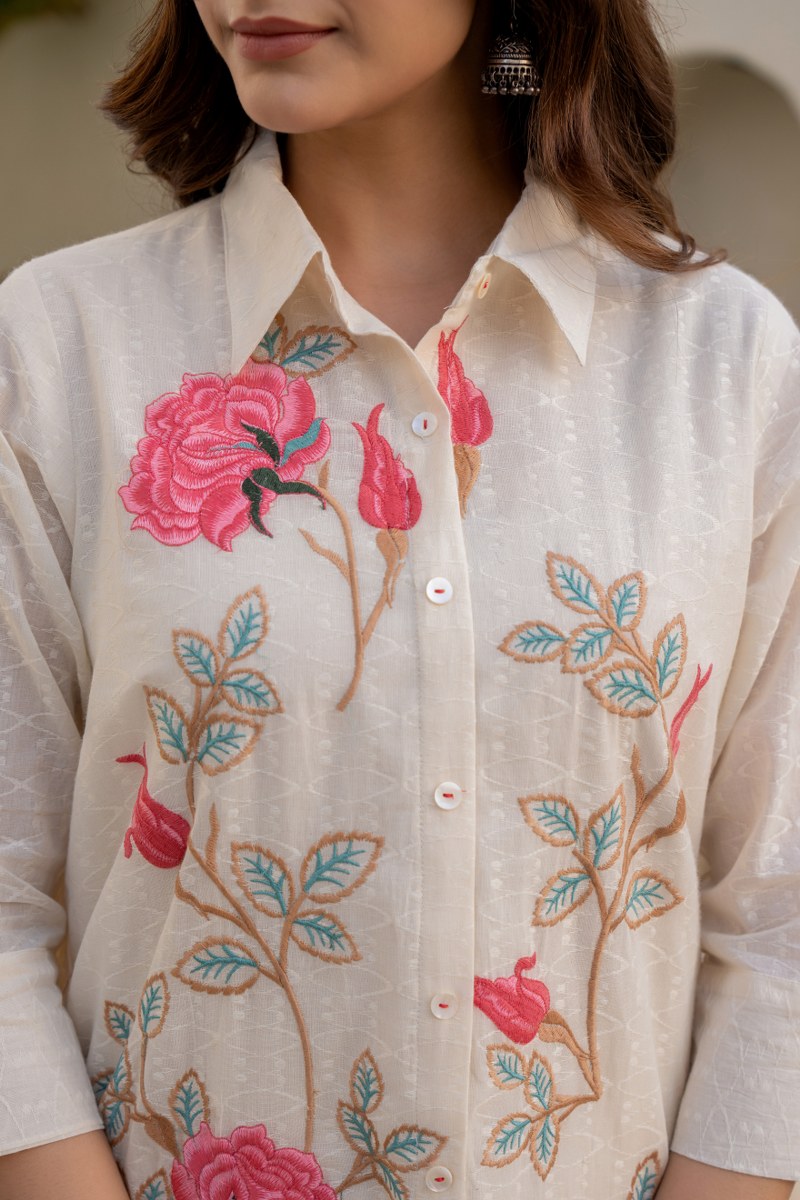 White Pink Rose Cotton Embroidered Co-Ord Set