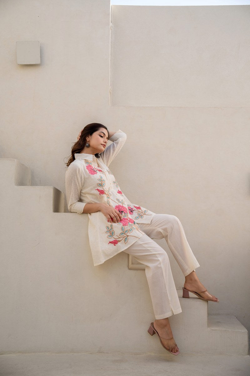White Pink Rose Cotton Embroidered Co-Ord Set