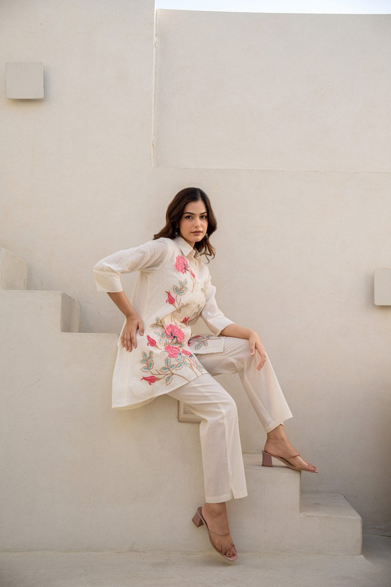 White Pink Rose Cotton Embroidered Co-Ord Set
