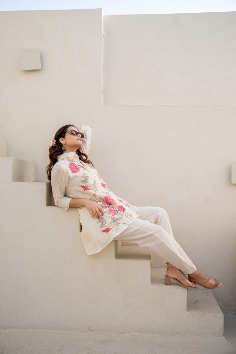 White Pink Rose Cotton Embroidered Co-Ord Set