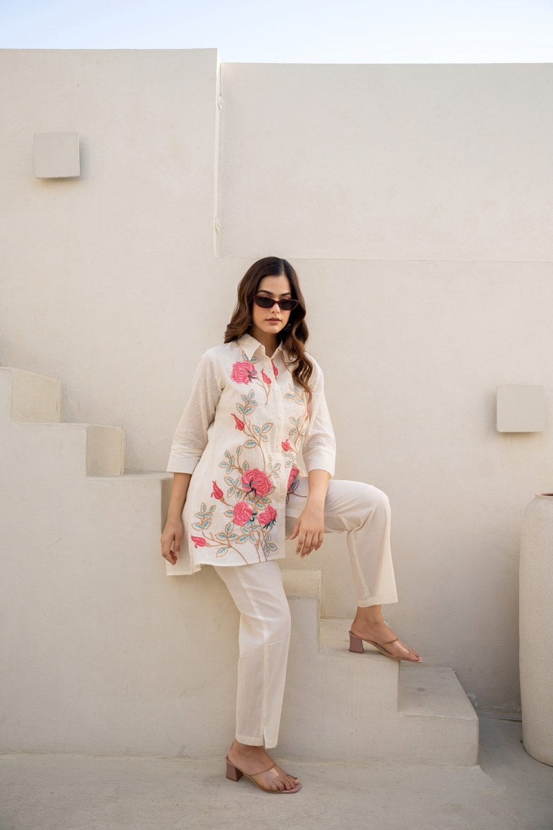 White Pink Rose Cotton Embroidered Co-Ord Set