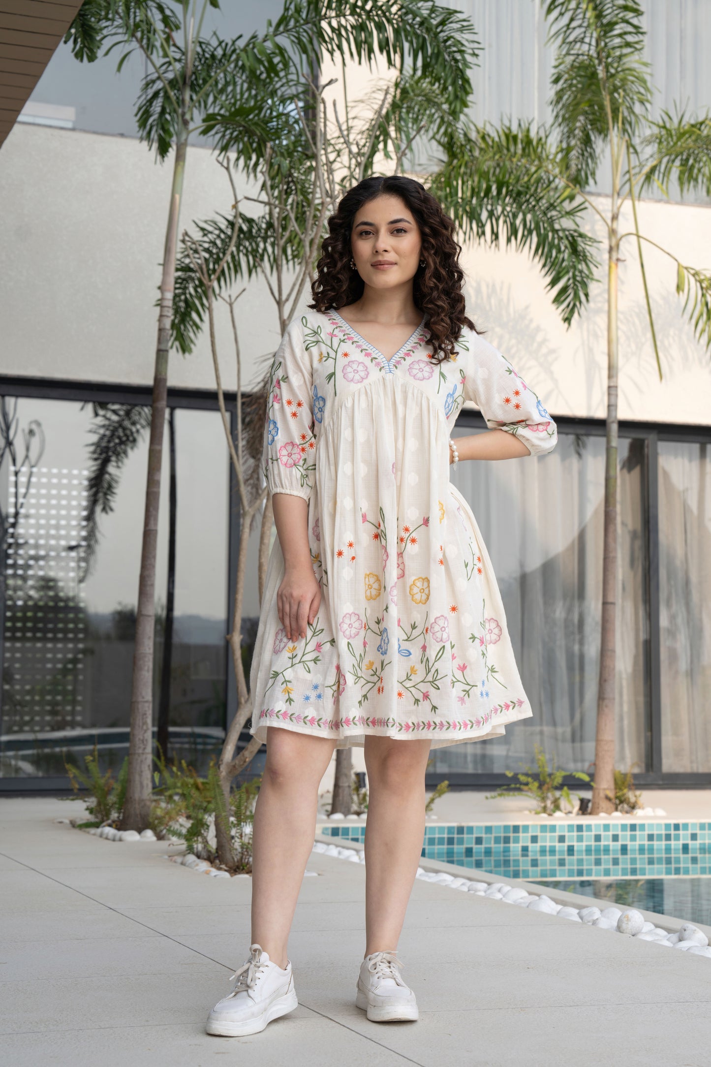 White Cotton Multicoloured Embroidered Short Dress
