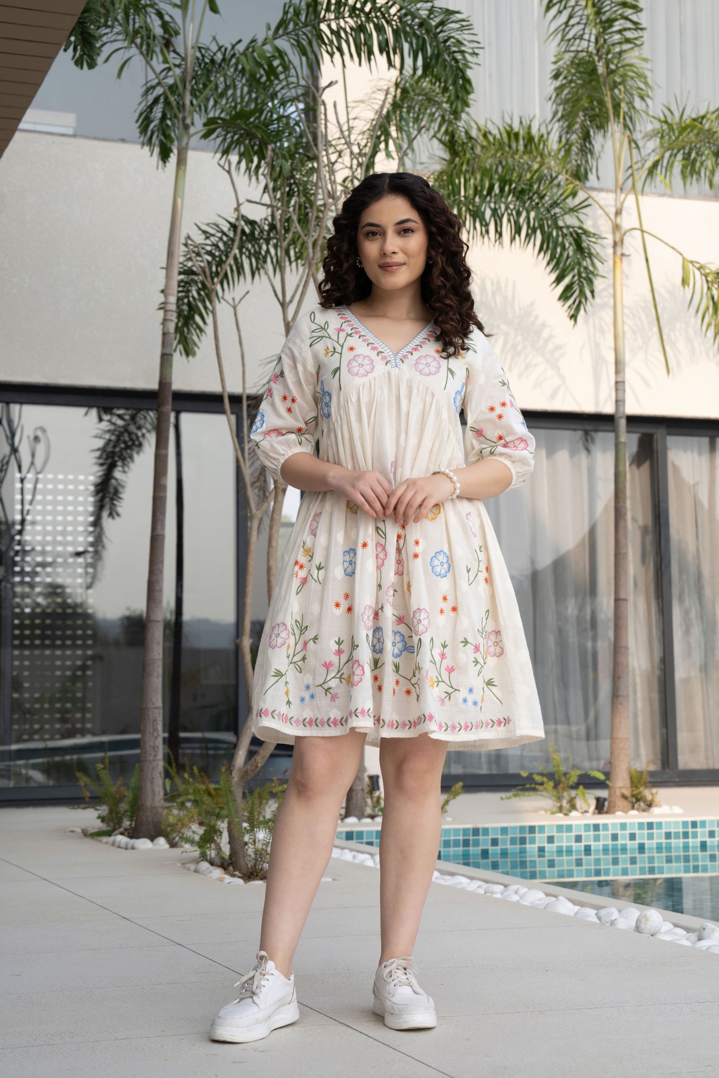 White Cotton Multicoloured Embroidered Short Dress