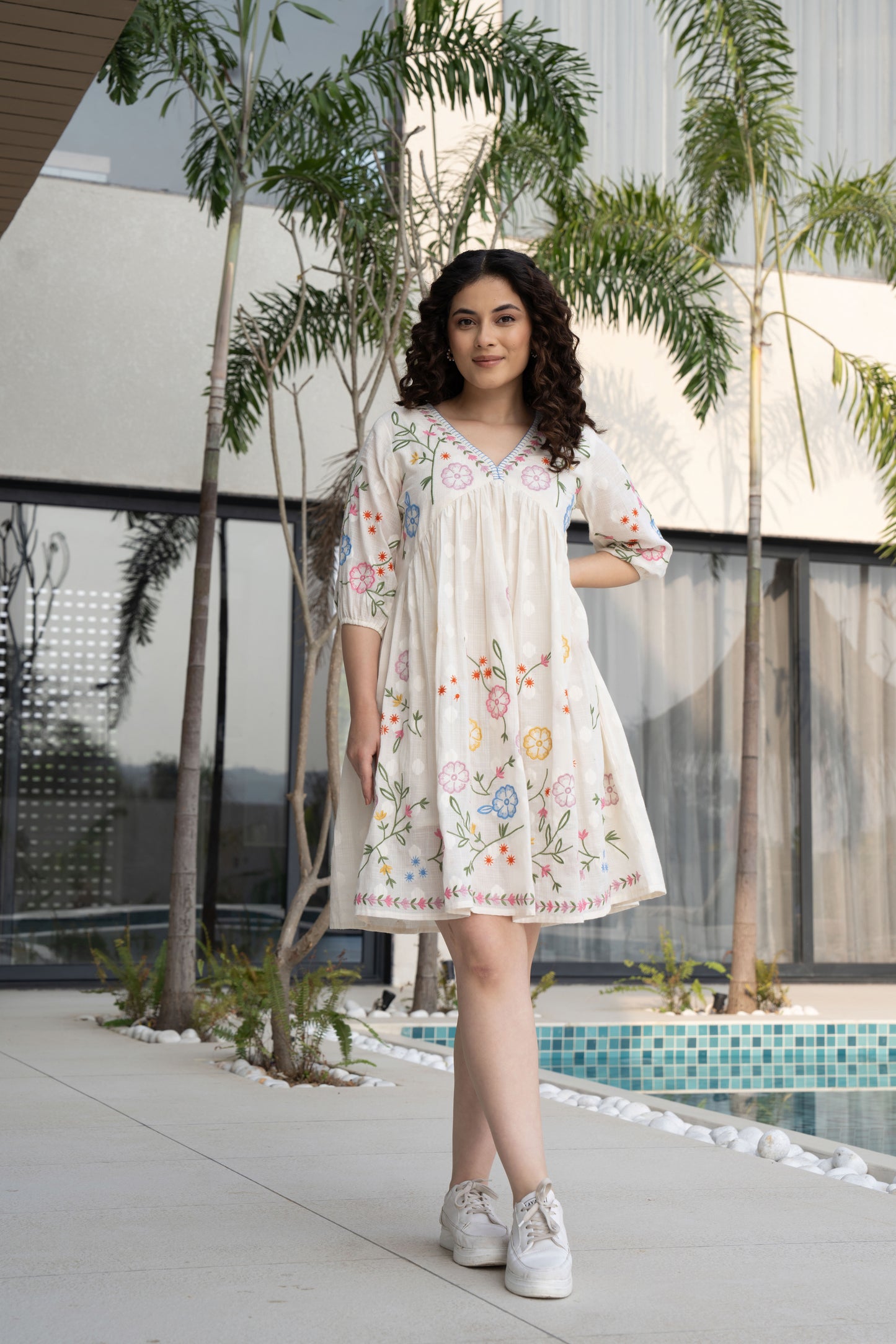 White Cotton Multicoloured Embroidered Short Dress