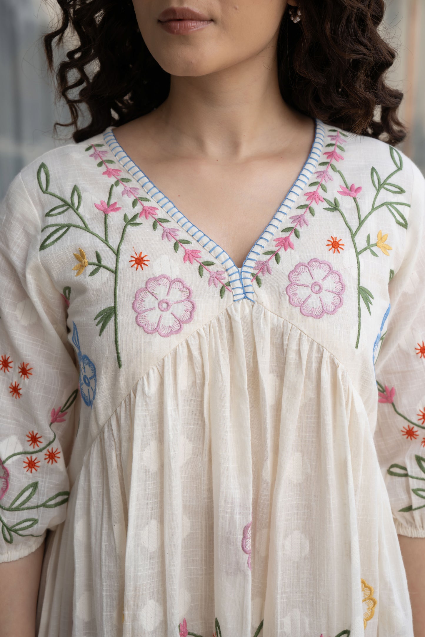 White Cotton Multicoloured Embroidered Short Dress