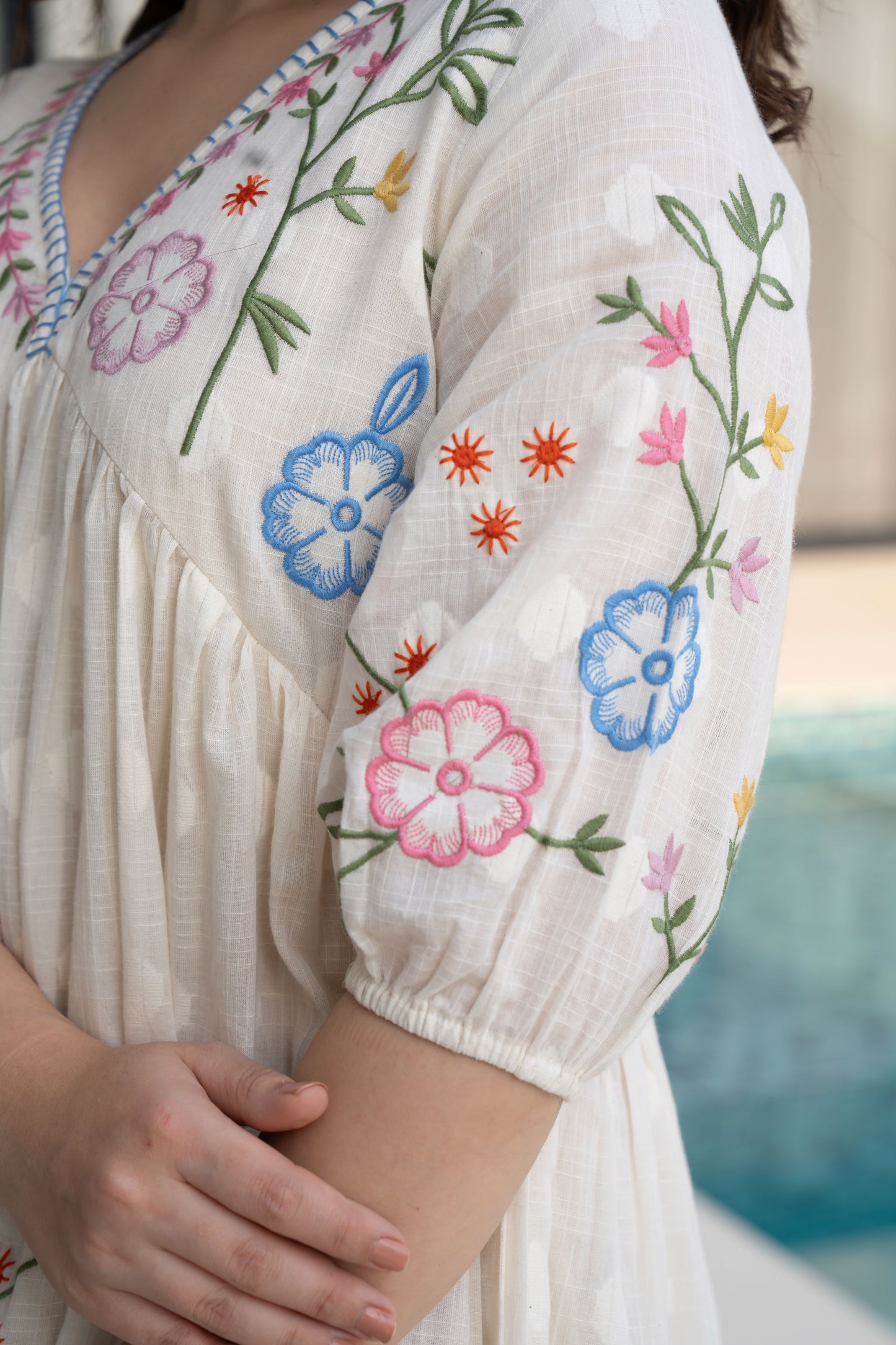 White Cotton Multicoloured Embroidered Short Dress