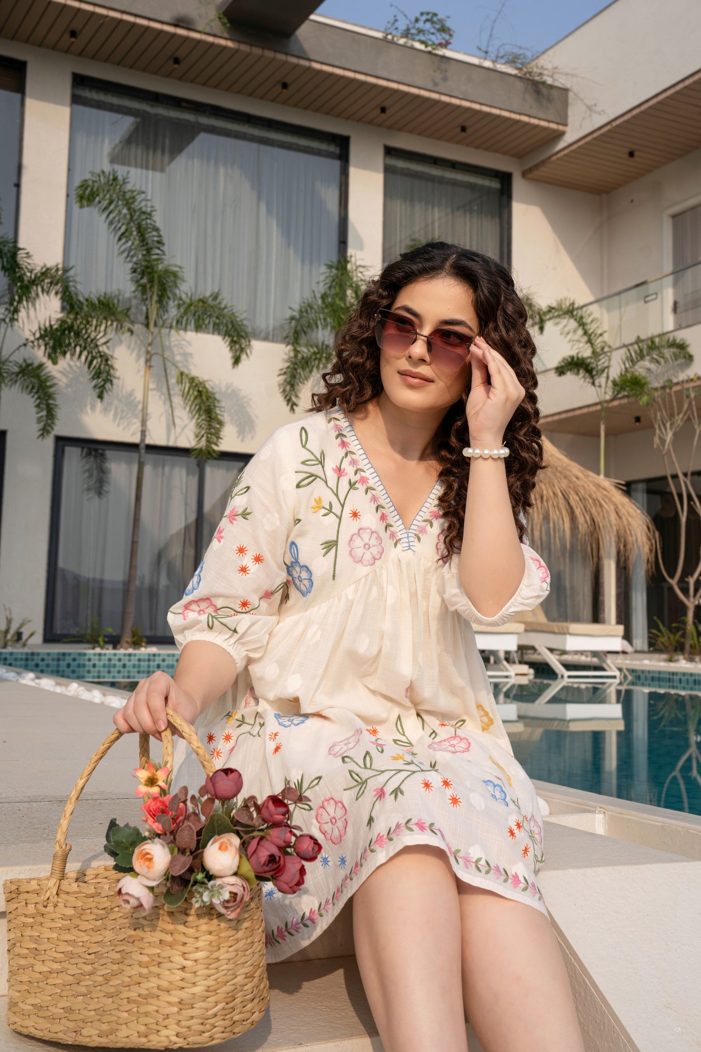 White Cotton Multicoloured Embroidered Short Dress