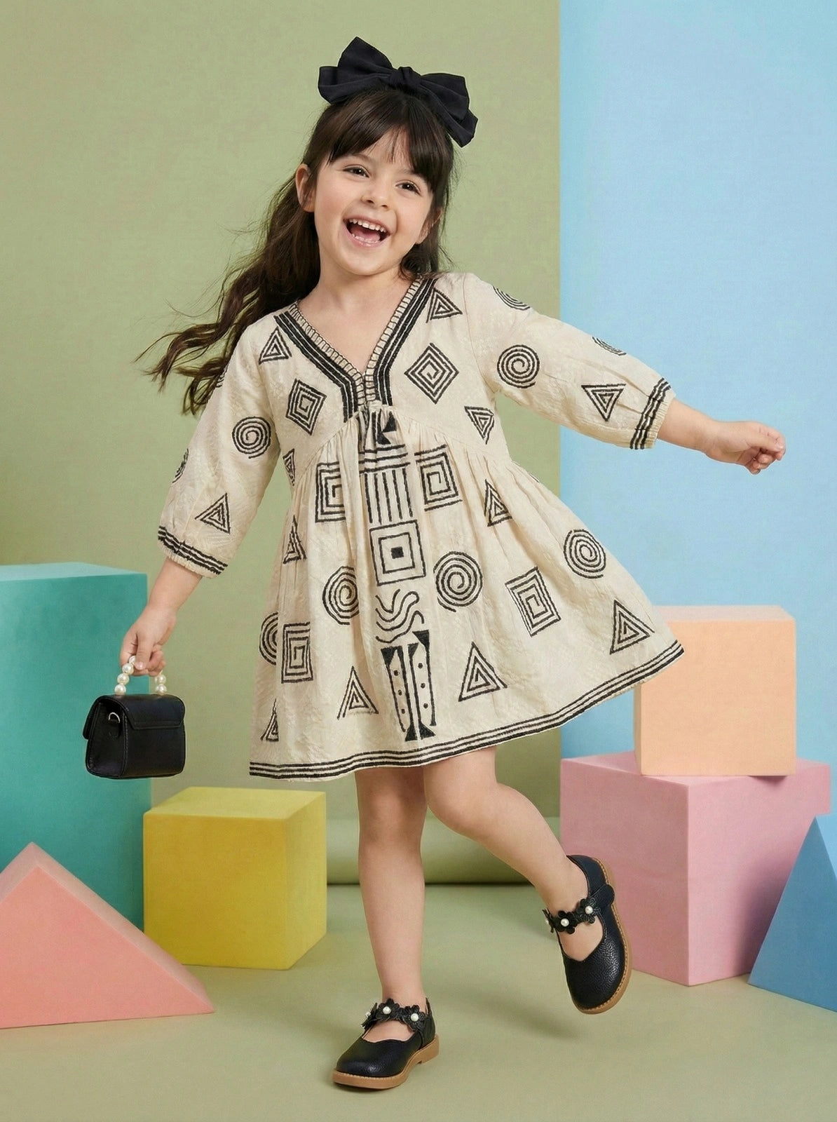 Girls Beige Ethnic Geometric Print Cotton Frock
