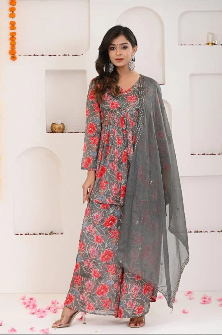 grey pink floral kurta sharara dupatta ethnic set styled look Shreenaya