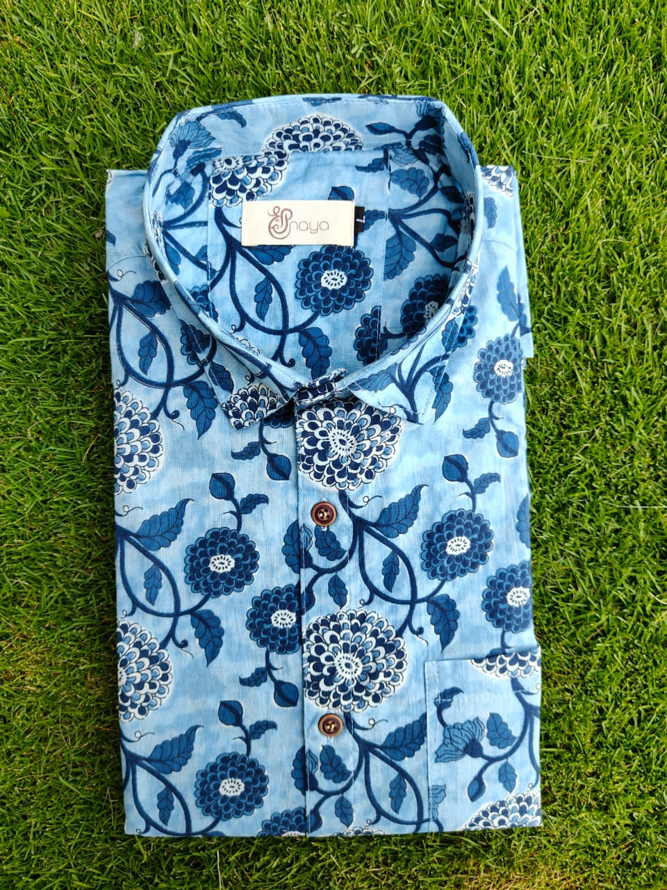 Indigo Floral Print Cotton Regular Fit Casual Shirt (Half Sleeves)