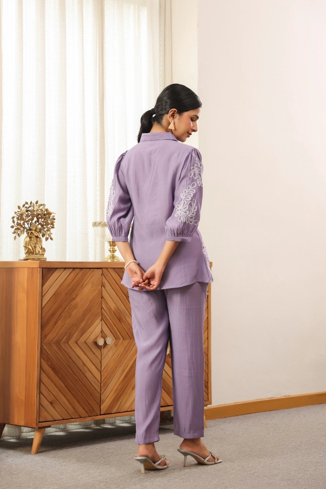 Lavender muslin co-ord set fashion look with embroidery