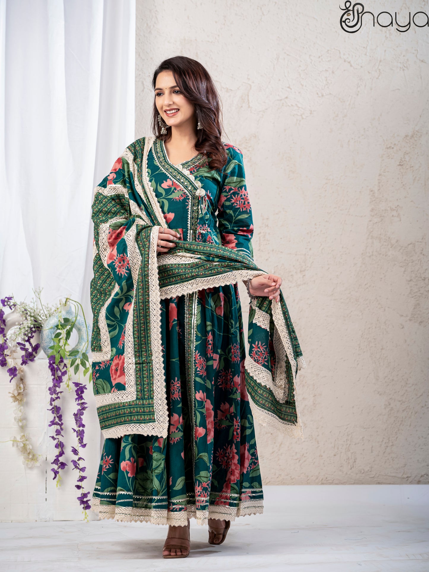 Green Anarkali Kurta Pant and lace work Dupatta