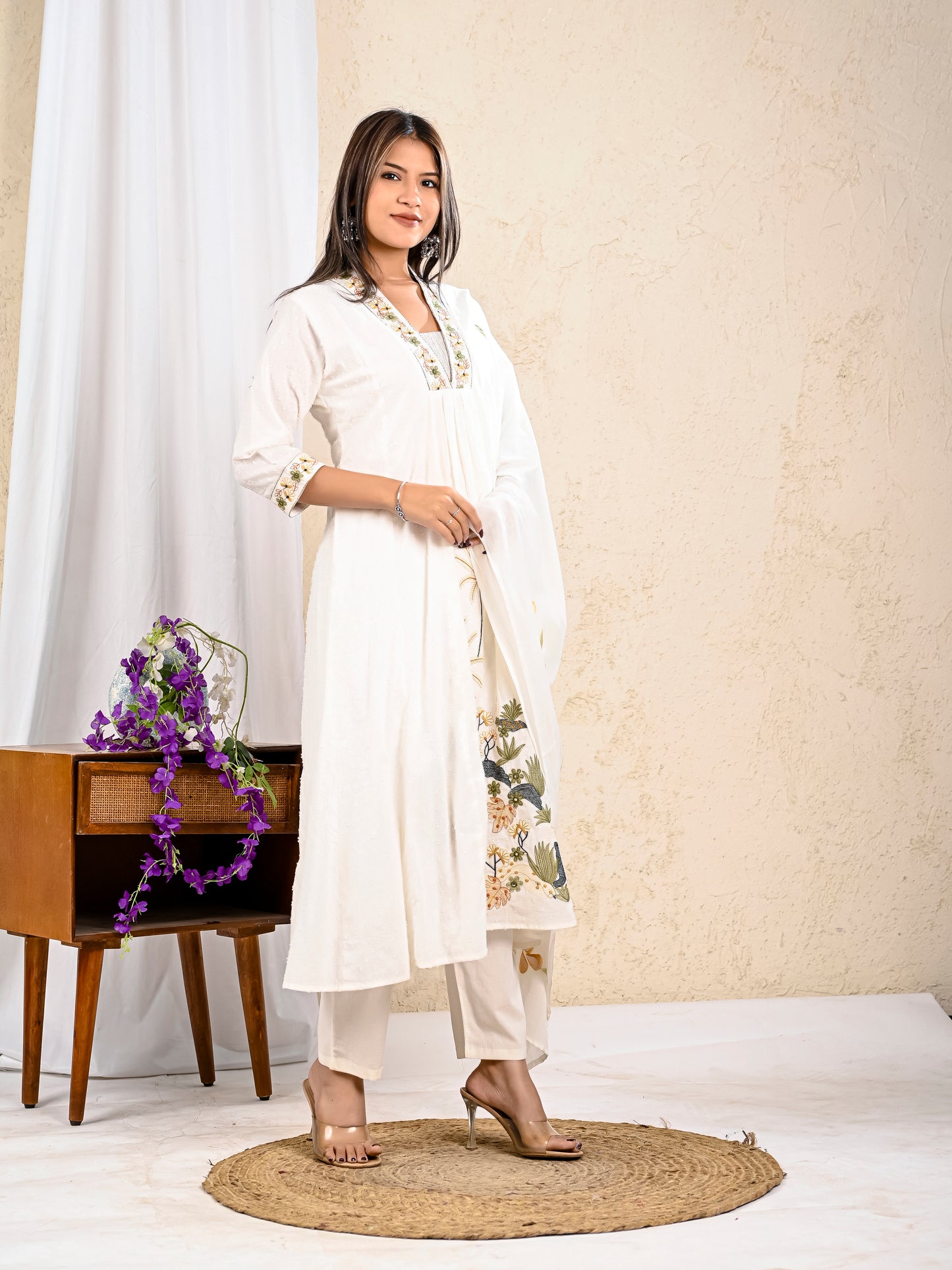 White Embroidered A Line kurta Pant Dupatta