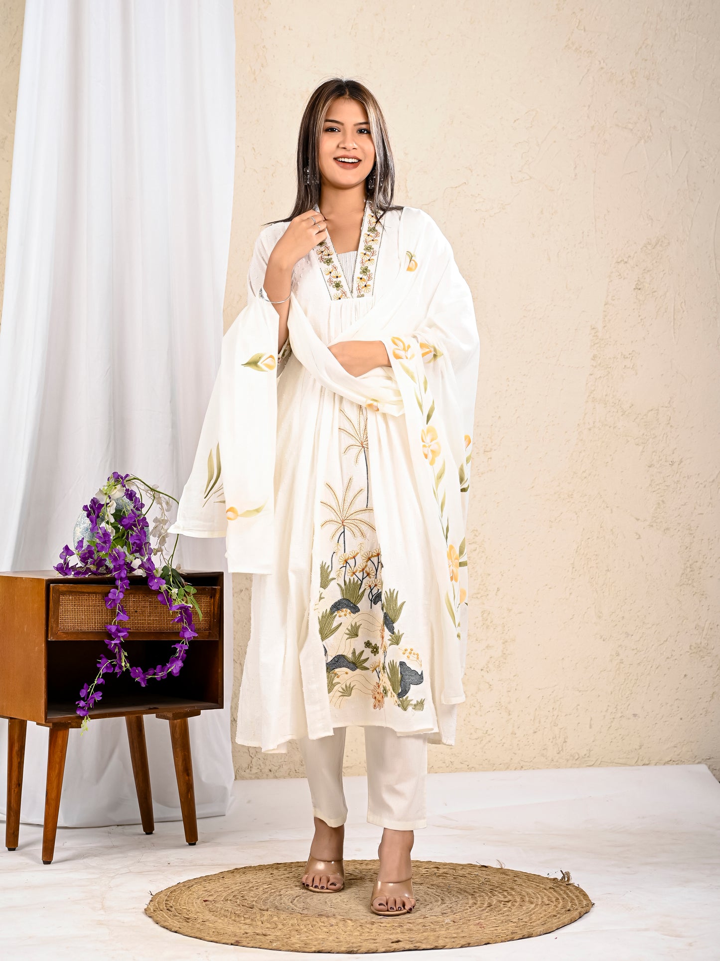 White Embroidered A Line kurta Pant Dupatta