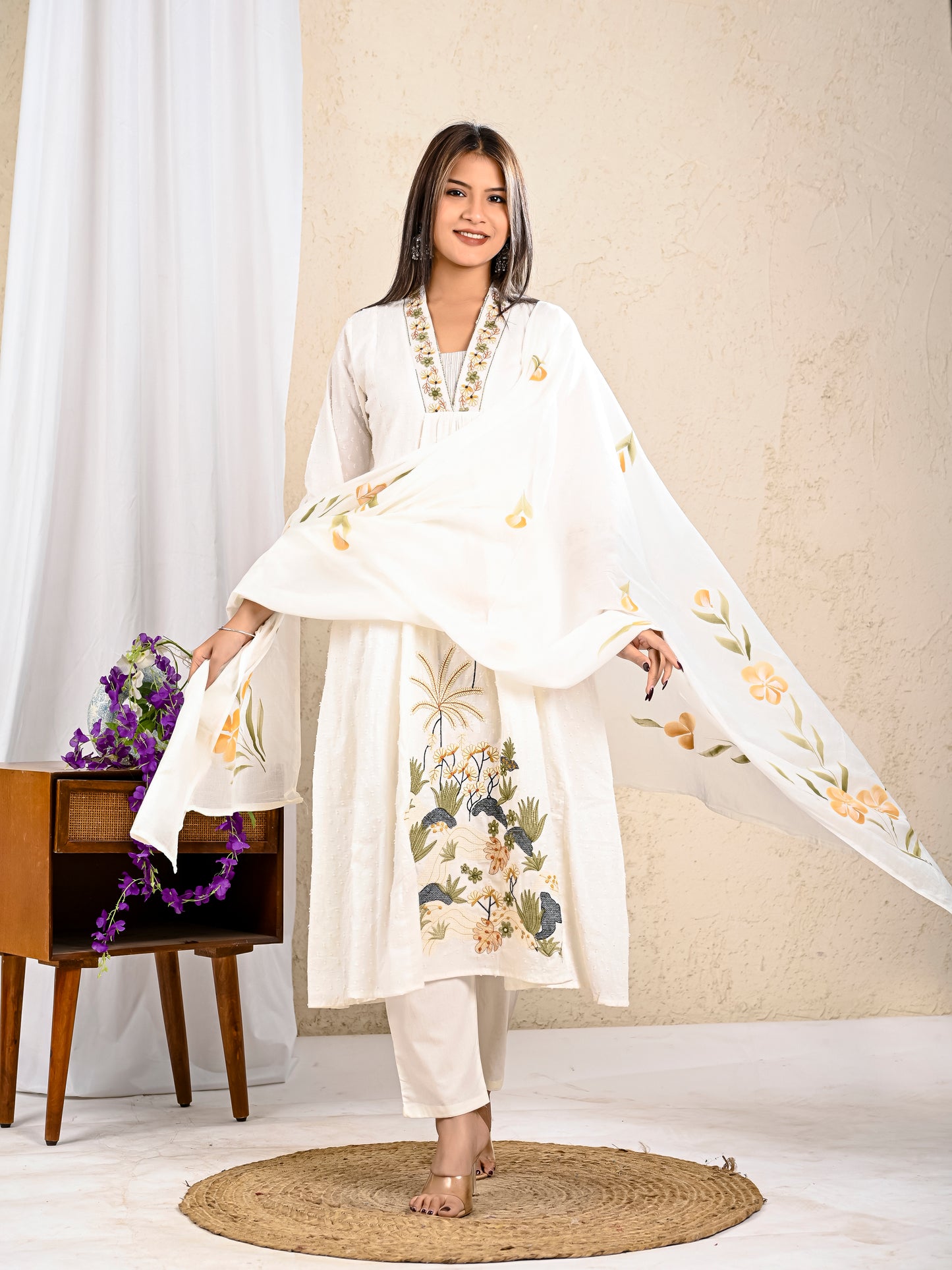 White Embroidered A Line kurta Pant Dupatta
