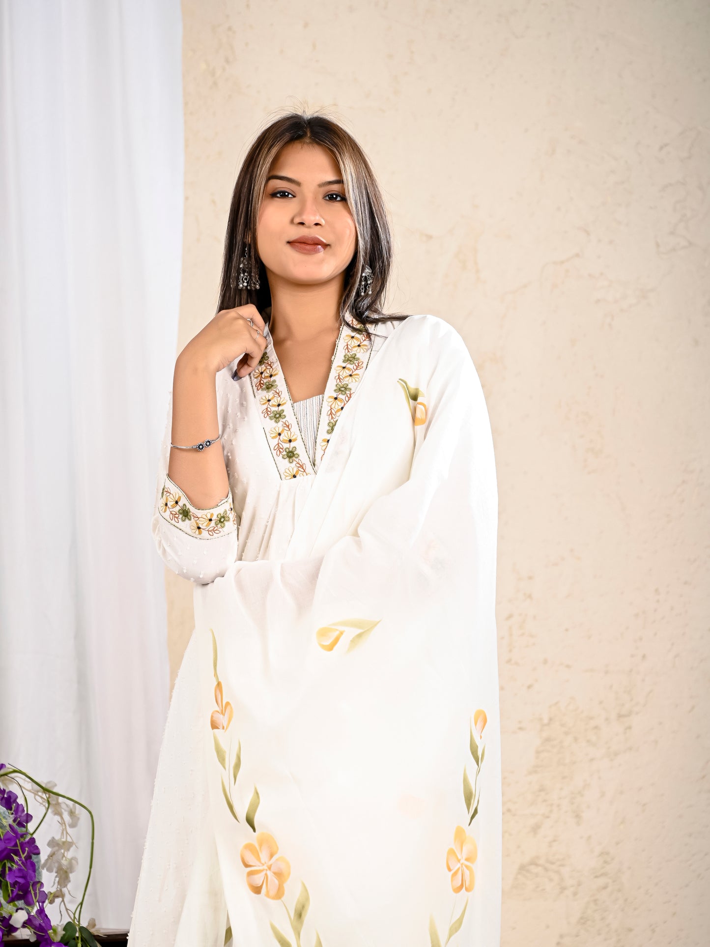 White Embroidered A Line kurta Pant Dupatta