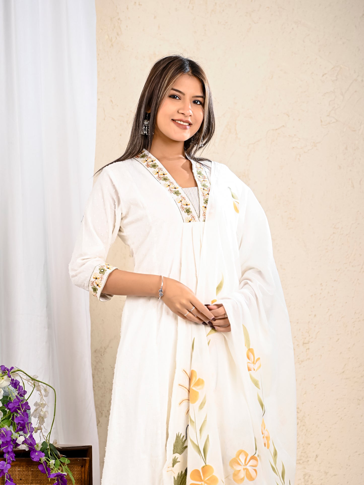 White Embroidered A Line kurta Pant Dupatta
