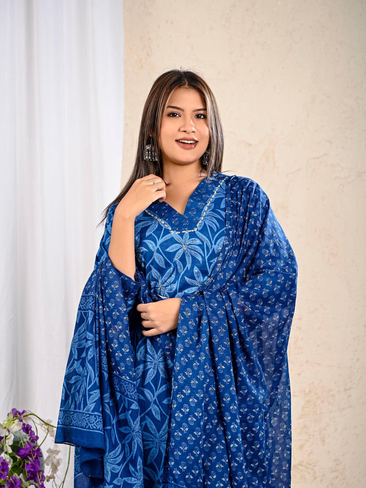 Indigo Cotton Printed Straight Kurta with Pany and Dupatta