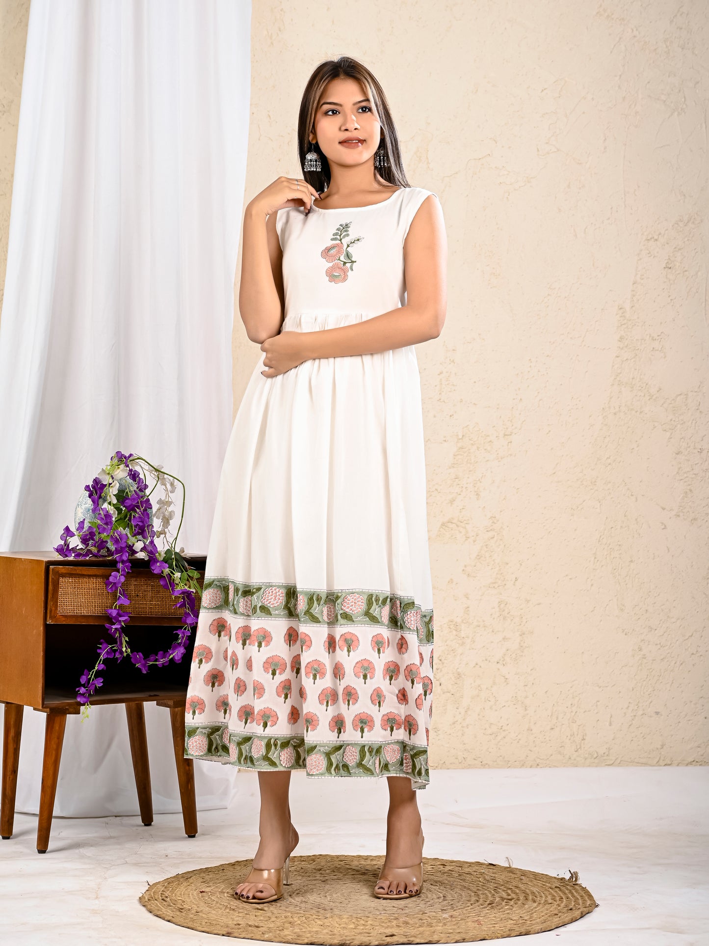 White Printed Anarkali with Printed Jacket