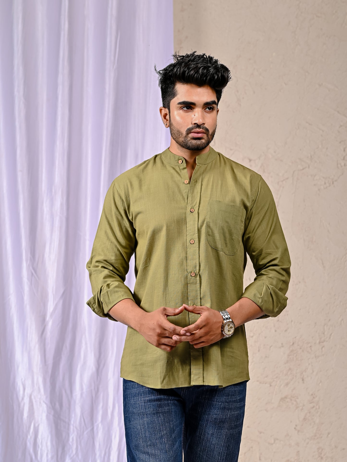 Olive Cotton Linen Regular Fit Casual Shirt (Full Sleeves)