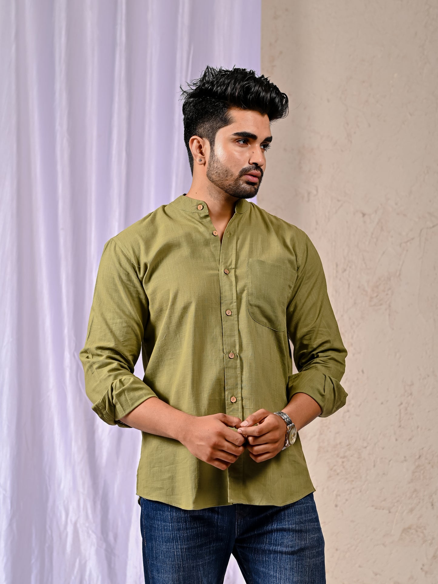 Olive Cotton Linen Regular Fit Casual Shirt (Full Sleeves)