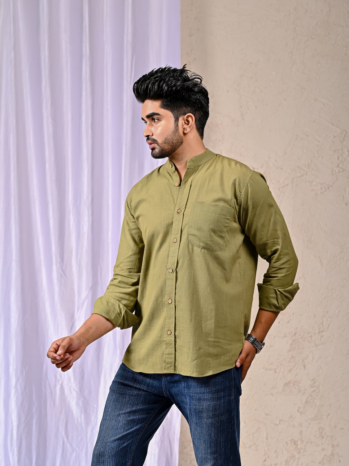 Olive Cotton Linen Regular Fit Casual Shirt (Full Sleeves)
