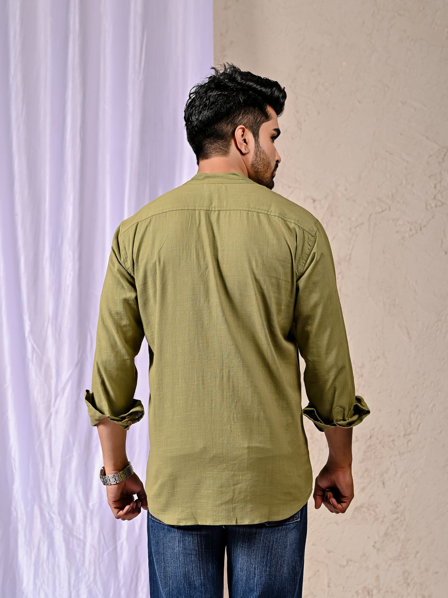 Olive Cotton Linen Regular Fit Casual Shirt (Full Sleeves)