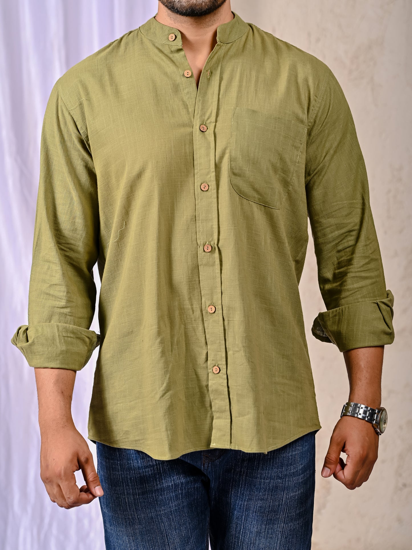 Olive Cotton Linen Regular Fit Casual Shirt (Full Sleeves)