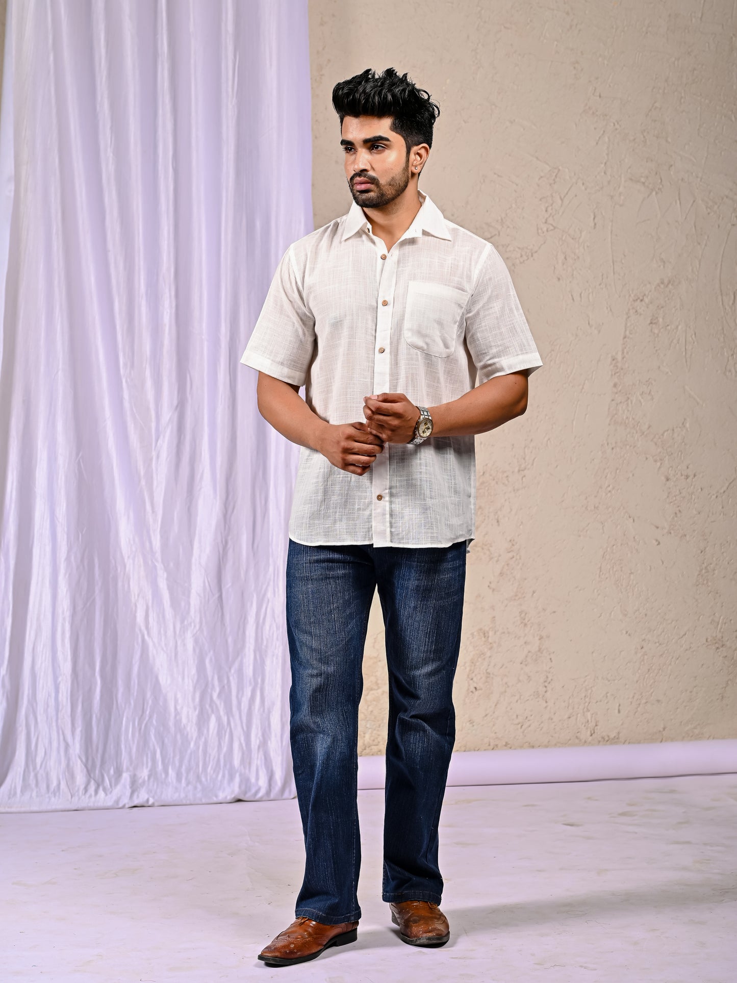 White Cotton Linen Regular Fit Casual Shirt (Half Sleeves)