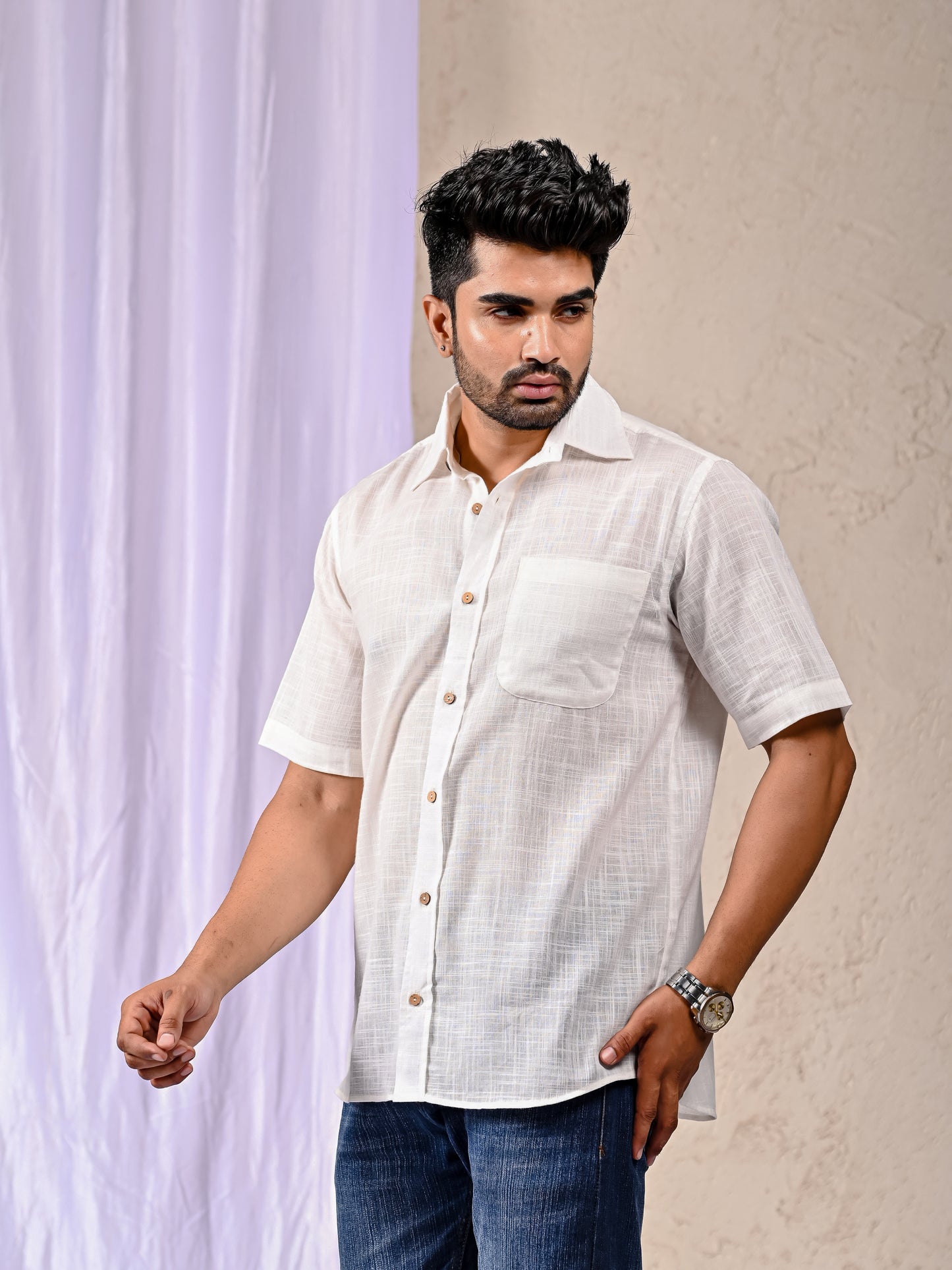White Cotton Linen Regular Fit Casual Shirt (Half Sleeves)