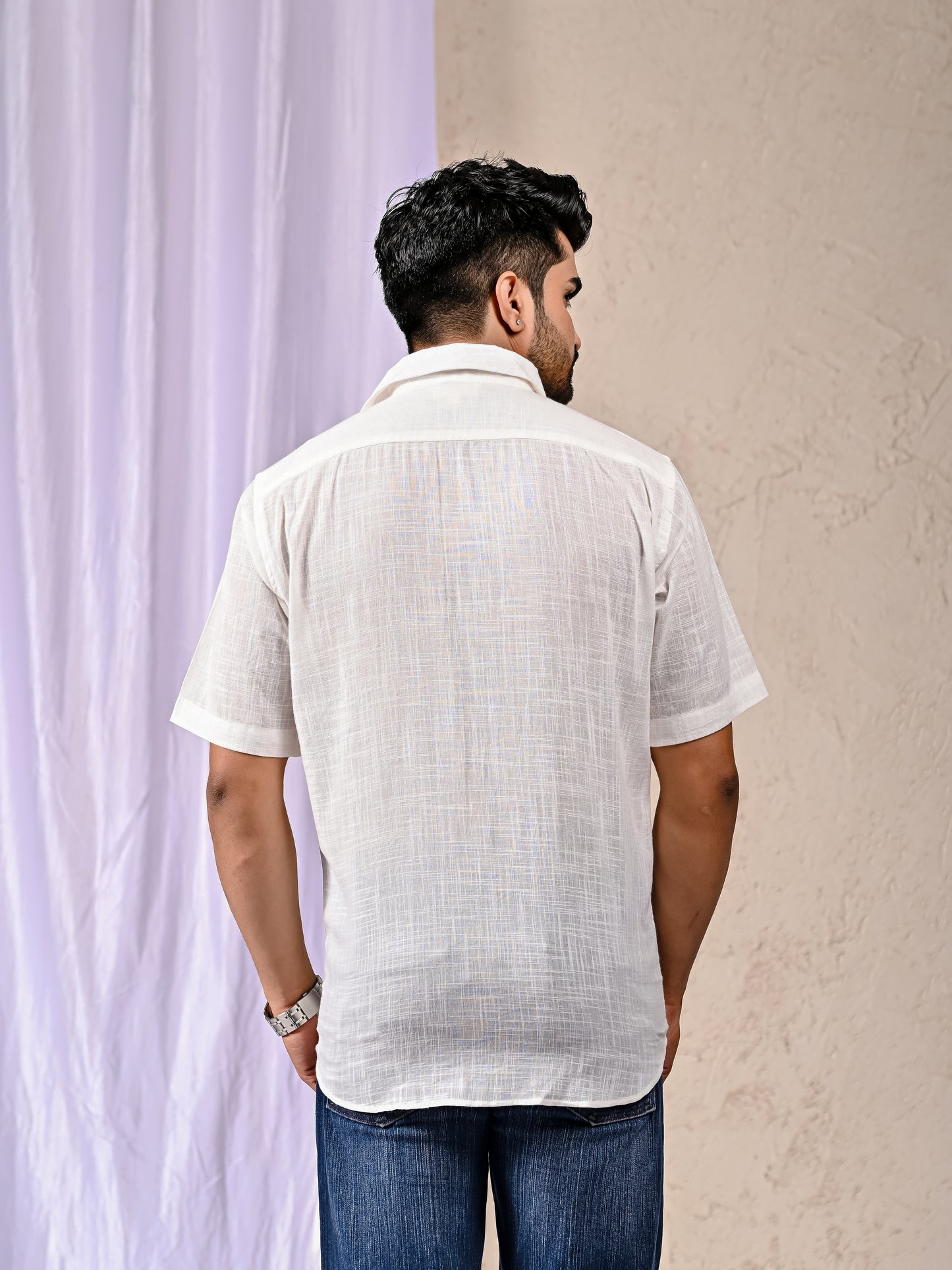 White Cotton Linen Regular Fit Casual Shirt (Half Sleeves)