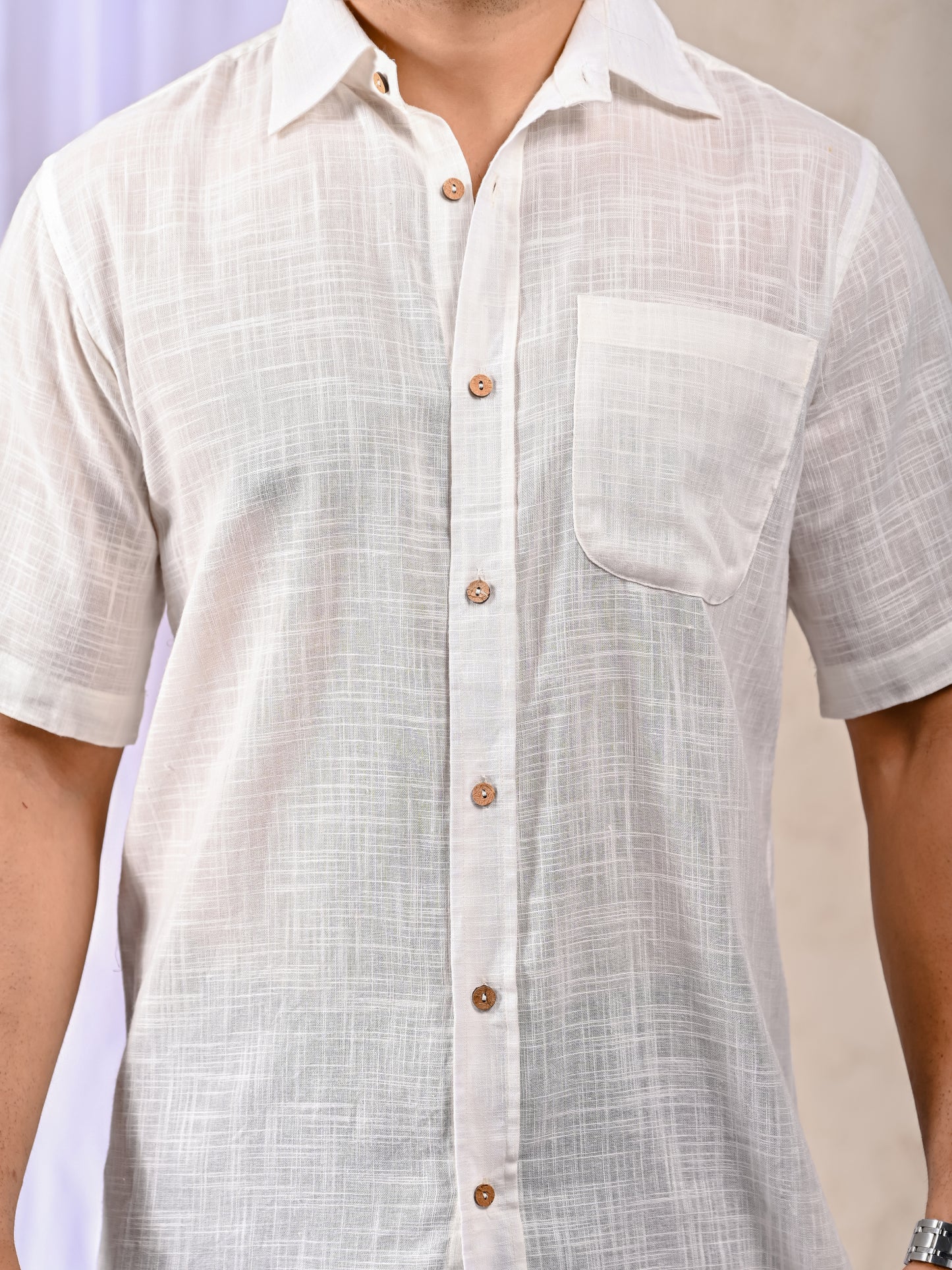 White Cotton Linen Regular Fit Casual Shirt (Half Sleeves)