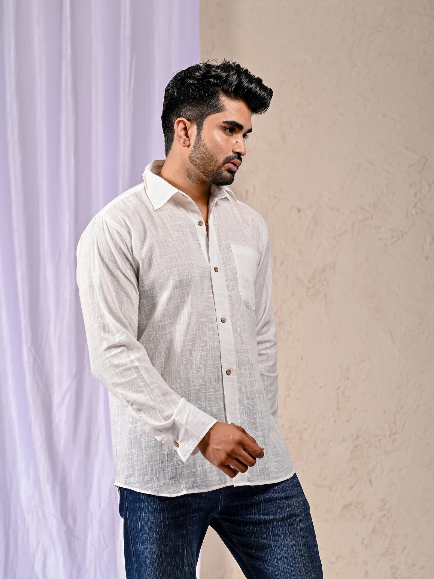 White Cotton Linen Regular Fit Casual Shirt (Full Sleeves)