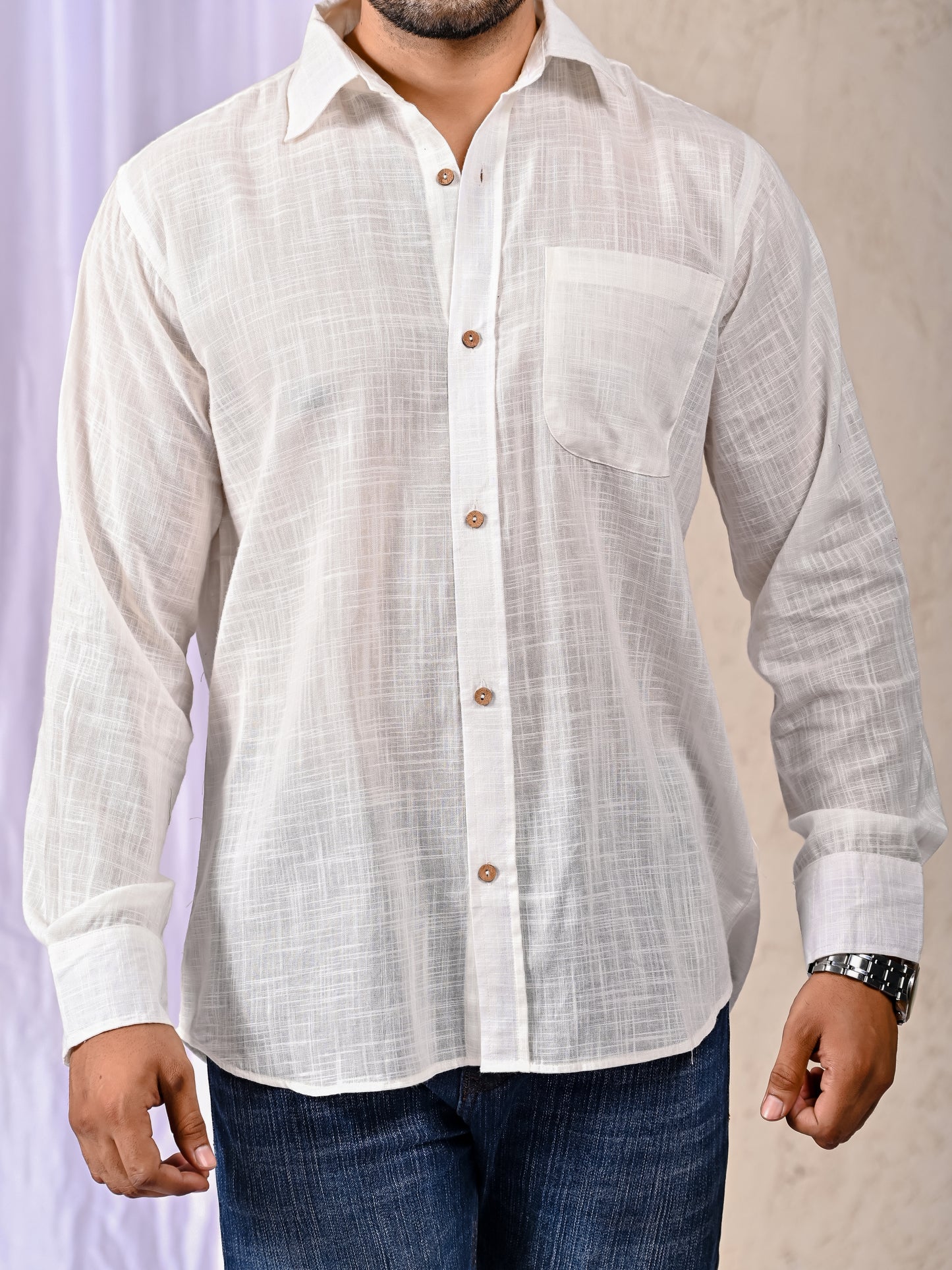 White Cotton Linen Regular Fit Casual Shirt (Full Sleeves)
