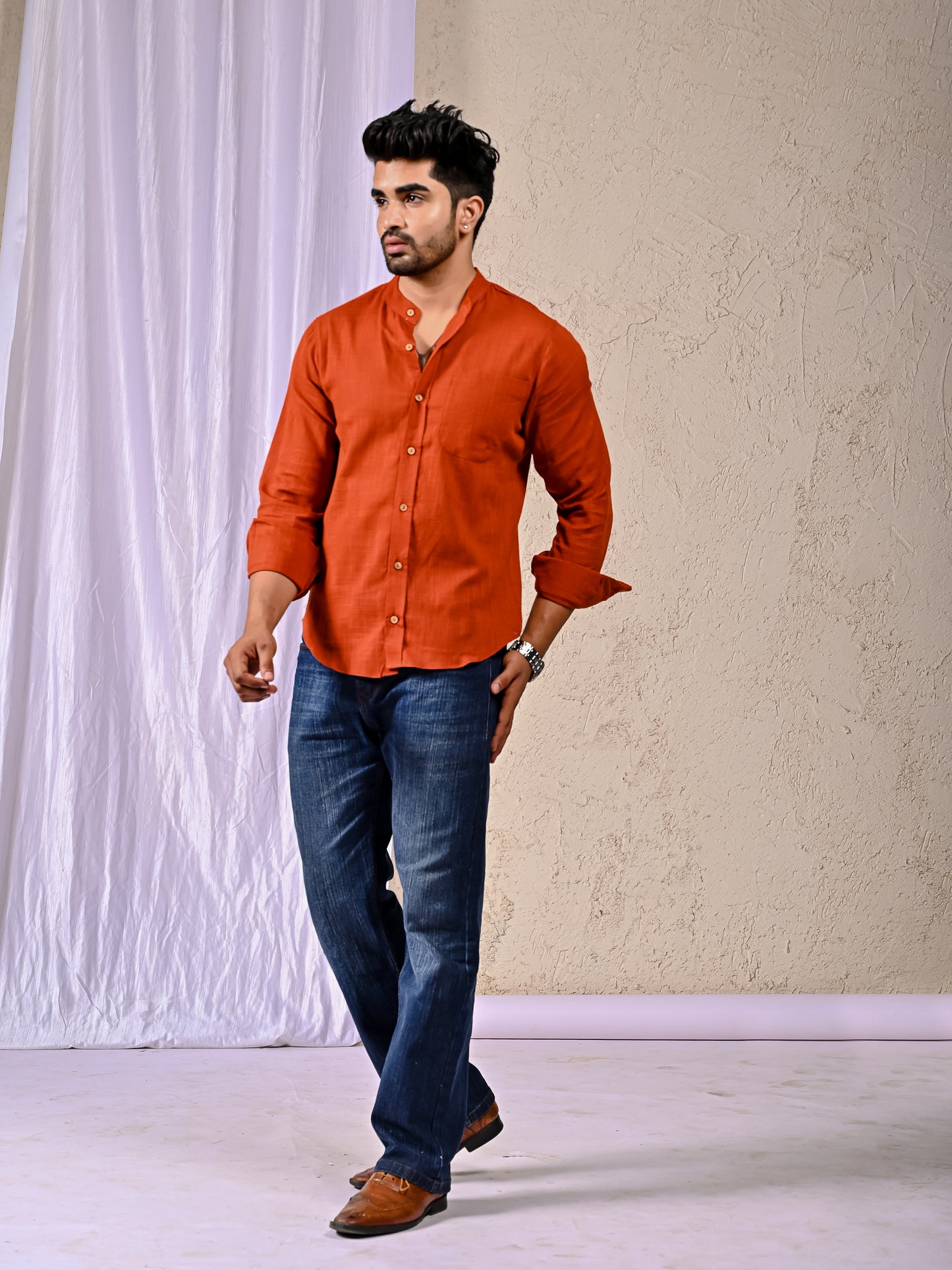 Rust Cotton Linen Regular Fit Casual Shirt (Full Sleeves)