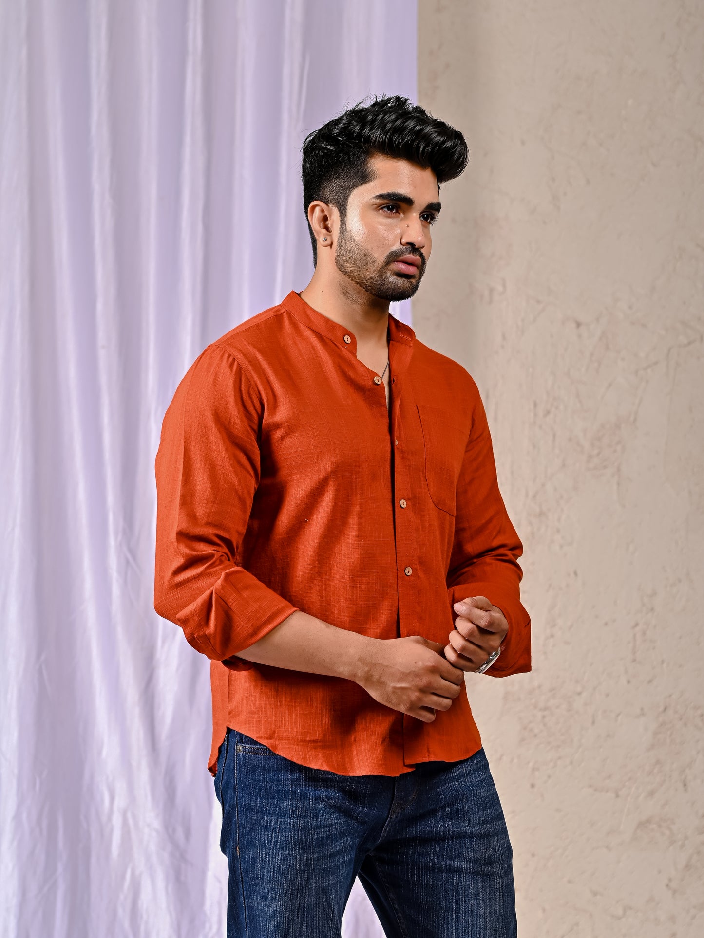 Rust Cotton Linen Regular Fit Casual Shirt (Full Sleeves)
